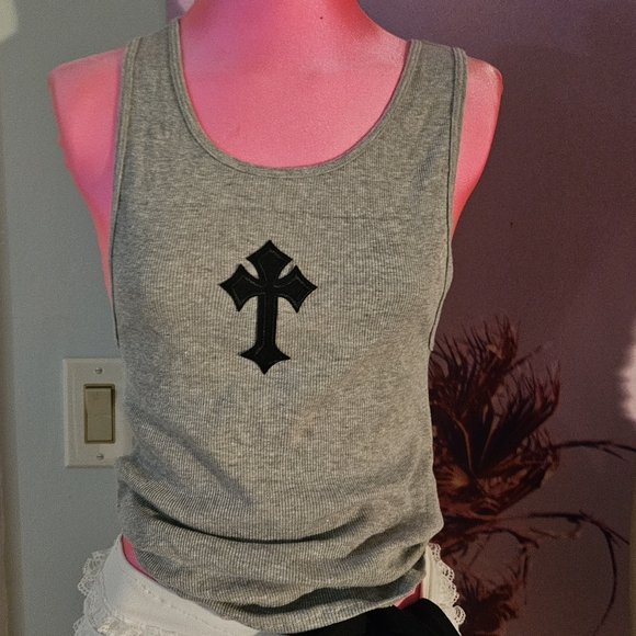 Grey Tank Top Goth Cross Chrome Hearts Looking Top - Picture 10 of 16